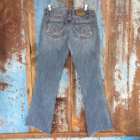 Sacred Blue Bootcut Distressed Raw Hem Jeans - Picture 6 of 8